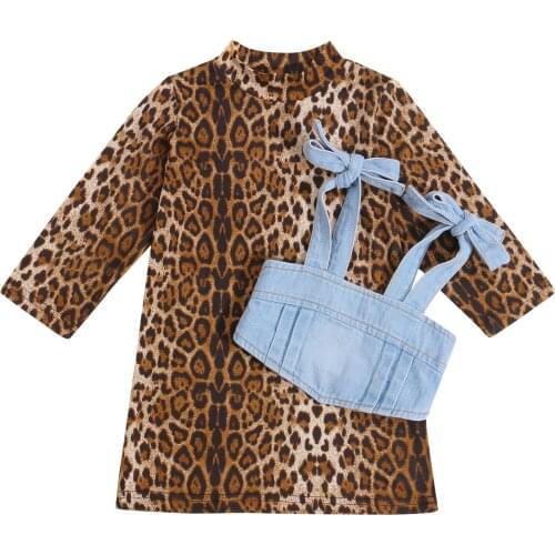 1-6Y Fashion Toddler Girls Leopard Dress 2pcs Long Sleeve Straight Knee Length Dress+Bow Tie Strap Denim Camisole