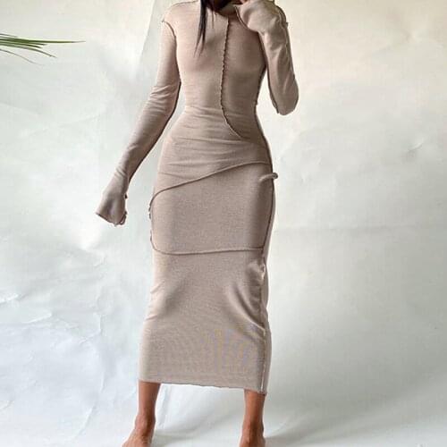 2021 Long Sleeve Hooded Patchwork Skinny Maxi Dress Autumn Winter Women Fashion Streetwear Casual Outfits