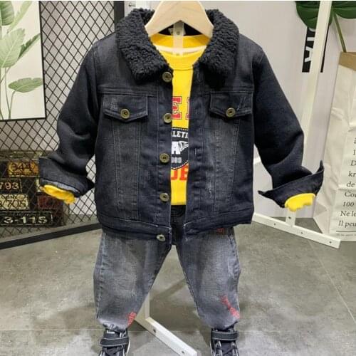 Winter Boys set Kids Boys childrens clothing sets Thicken coat + plush Sweater + plush jeans 3Pieces Costume kids suits 2-6Yr