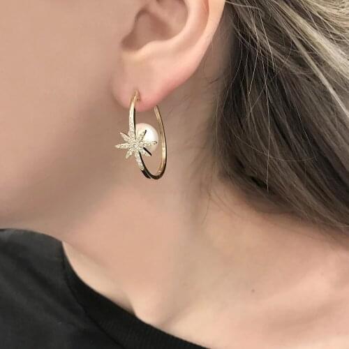 Gold filled starburst micro pave cz northstar starburst with inside Freshwater Pearls geometric round circle hoop huggie earring