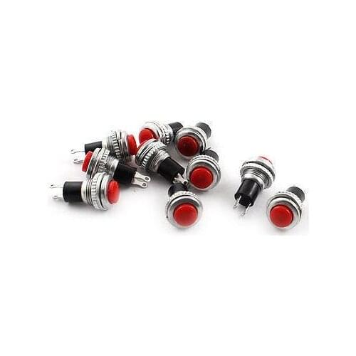 10PCS AC125V 3A 250V 6A 10mm Thread Red SPST Momentary Push Button Switch