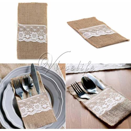10pcs Burlap Lace Cutlery Pouch wedding Tableware Party decoration holder Bag Hessian Rustic Jute 11cm x 21cm