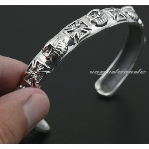 925 Sterling Silver Cross SKull Mens Bangle 9A007