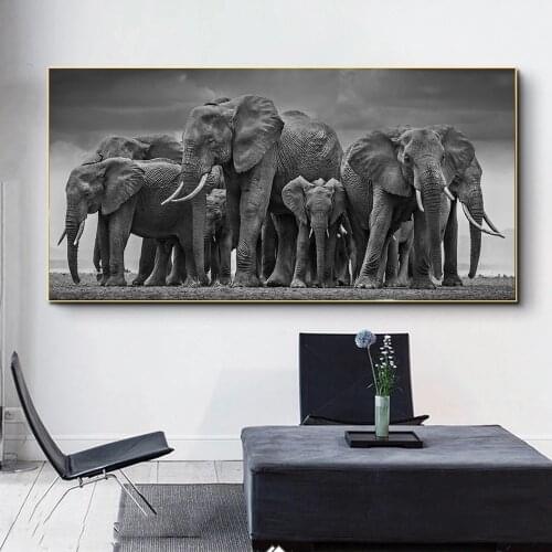 African Wild Elephants Family Canvas Art Posters And Prints Black And White Animals Art Canvas Painting on the Wall Art Pictures