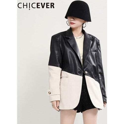 CHICEVER Casual Colorblock Coat For Women Lapel Collar Long Sleeve Patchwork Pockets Slim Coats Female 2021 Autumn Clothes Style