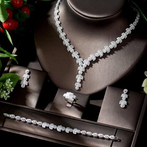 HIBRIDE African 4pcs Bridal Zirconia Jewelry Sets for Women Party Necklace Earring Set Leaf Flower Design Wedding Set N-1324