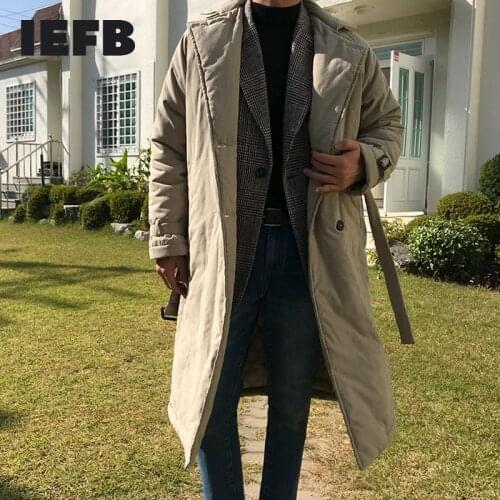 IEFB midlength cotton padded clothes couple mens winter thickened Korean fashion cotton padded jacket double breasted with belt