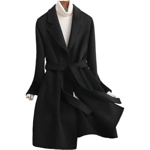 2020 Autumn Winter Coat Turn Down Collar Women Woolen Jacket Elegant Belt Cashmere Long Casaco Feminino Outerwear Female