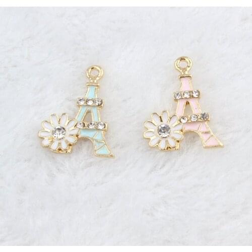 Trendy Oil Drop Enamel Eiffel Tower With Flower&Rhinestone Charms For DIY Jewelry Accessories of Making Bracelet&Necklace Dangle