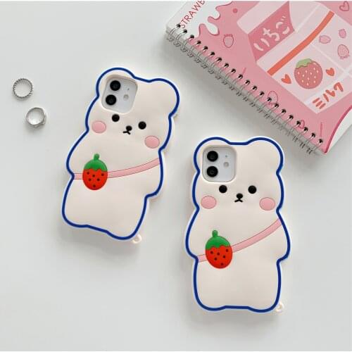 Strawberry Bear Soft Silicone Phone Case for iPhone 12 Pro Max 11 6 7 8 Plus X XR XS MAX Lovely Cute Bear Phone Cover