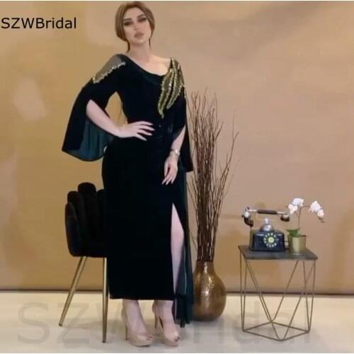 New Arrival Velvet Caftan dubai Evening dress Ankle length Gold Crystals beaded Arabia Evening gowns Vestidos de fiesta