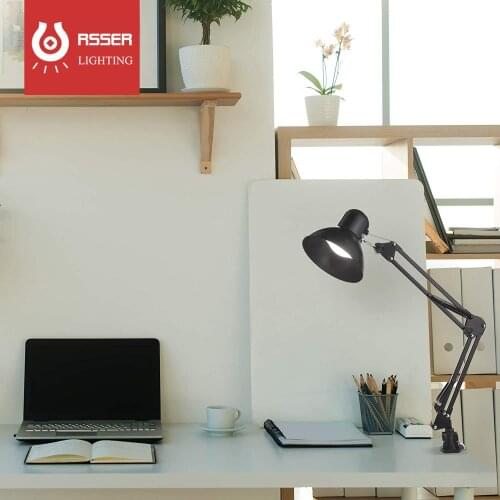 RSSER Painted Metal Flexible 2-in-1 Weighted Base And Clamp Mount Swing Arm Wright Architect Desk Lamp With Energy-Efficient 5W