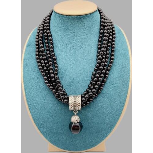 5 Strands Of 6mm Black Onyx Pendant Necklace With Knots Trendy Jewelry For Women and Girls Gifts 19 Inch