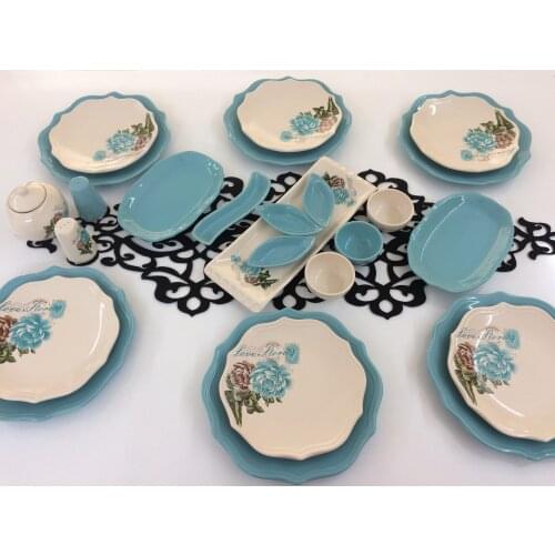 Rose 26-Piece Ceramic Breakfast Set for 6 People Turquoise Earthenware