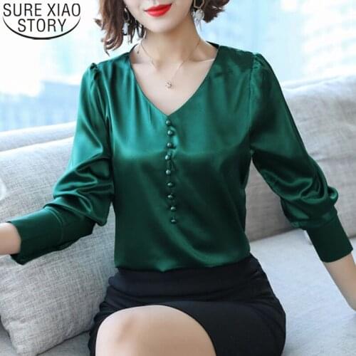 Long Sleeve Shirt 2021 Spring New Multi-button Imitation Silk V-neck Solid Women Blouse Heavy Stretch Satin Women Shirt 8000