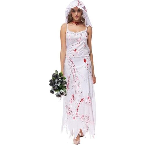 Scary Bloody White Women Halloween Corpse Bride Costumes Female Zombie Walking Dead Cosplay Carnival Purim Role Play Party Dress