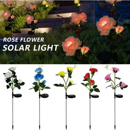 Outdoor Realistic Solar Powered Rose Lights 3heads Waterproof Flower Stake For Garden Patio Yard Pathway Lawn Decoration 2021