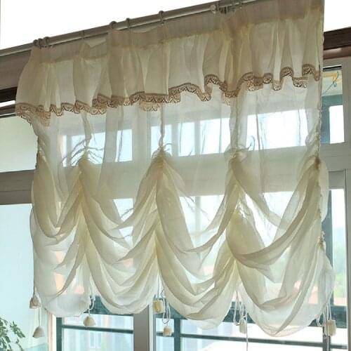 WINLIFE Creamy White Balloon Curtains Sheer Curtain Lace Ruffle Tie-Up Roman Curtain Valance