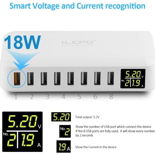 60W 8 Ports Charger HUB Smart Quick Charge LED Display Multi USB Charging Station Mobile Phone Charger Desktop Wall Home Travel