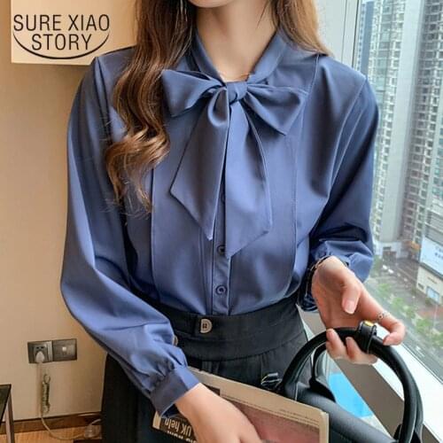 Blusa Bow V-neck Ladys Shirt Spring 2021 Korean Style Tops Blue Lantern Long Sleeve Single-breasted Chiffon Blouse 10693