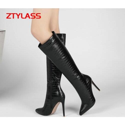 Black Red Sexy Stiletto Knee Boots Faux Crocodile Skin Women Boots Autumn Winter High Heel Zipper Long Boots Big Size
