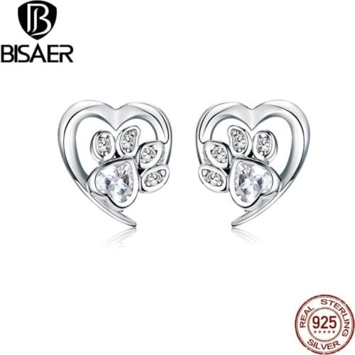 Footprints Earrings BISAER 925 Sterling Silver Dog Footprints Stud Earrings for Women Cubic Zircon Jewelry ECE654-WH
