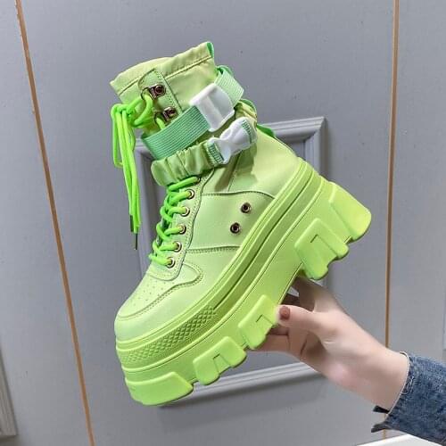 2021 High Top High Chunky Women Boots Leather Autumn Winter Motorcycle Booties Platform Thick Sole Sneakers Shoes 7cm