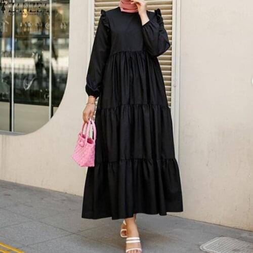 2021 ZANZEA Womens Islamic Sundress Fashion Muslim Dress Casual Abaya Hijab Maxi Ruffle Vestidos Female Hollow Turkish Robe