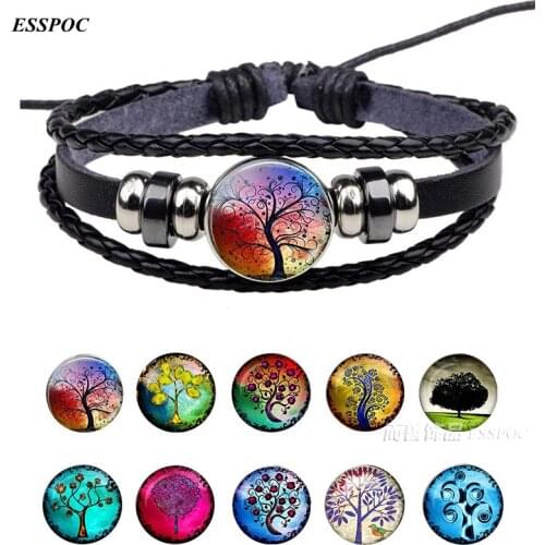 Fashion Red Green Tree of Life Lucy Charm Plant Braided Jewelry Bracelet Black Woven Leather Button Bracelets for Women Men Gift