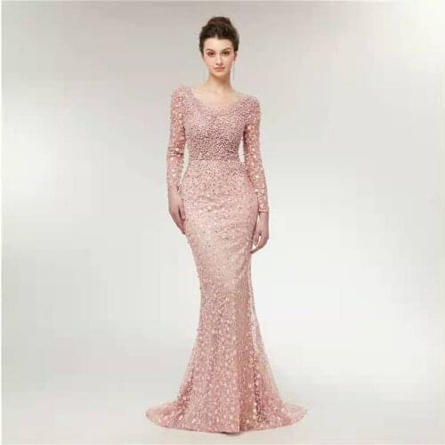 Luxury Beaded Long Satin Mermaid Pearl Evening Dresses with Sleeves Floor Length Zipper Back Pink Formal Party Gowns for Women