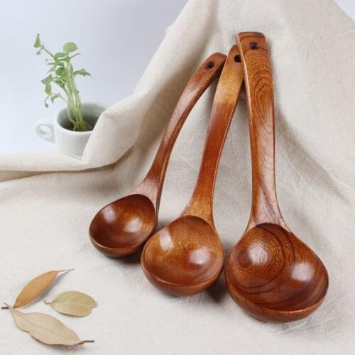 1 Piece of Long Spoon Wooden Korean 100% Natural Solid Wood Spoon Dark Wooden Soup Spoon Hot Pot Spoon Round Spoon