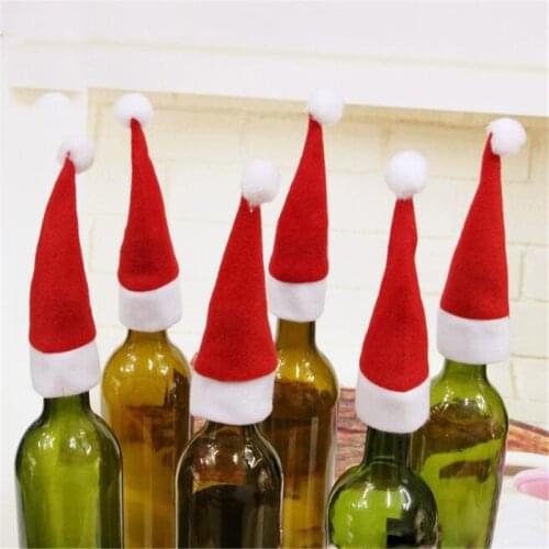 10Pcs/Pack Merry Christmas Mini Decoration Wine Bottle Cover Party Decor Red Cute Small Scarf Hat For New Year Party Supplies