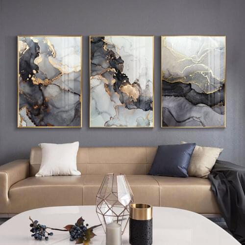 Abstract Ink Watercolour Wall Painting Modern Black Gold Canvas Poster Print Nordic Wall Art Pictures for Living Room Home Decor