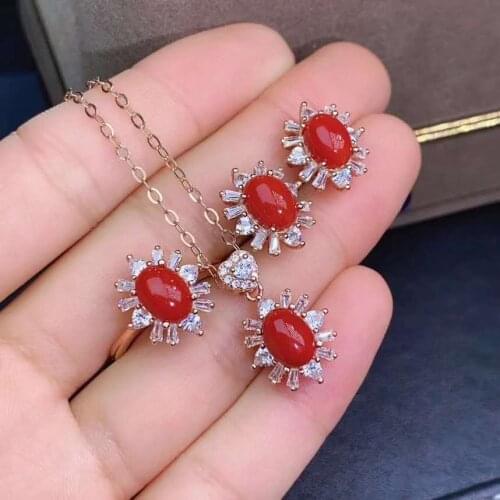Boutique Red Coral Earring Ring Pendant Necklace Set S925 Sterling Silver Fine Fashion Jewelry for Women Free Shipping MeibaPJFS