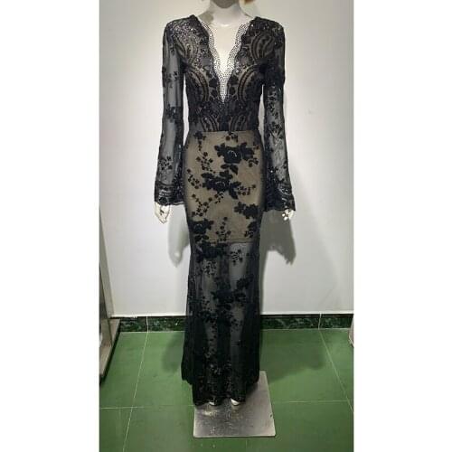 Black Mesh Sequined Sexy V Neck Long Sleeve Women Formal Dress Casual Slim Ladies Elegant Celebrity Party Vestidos Club LF337