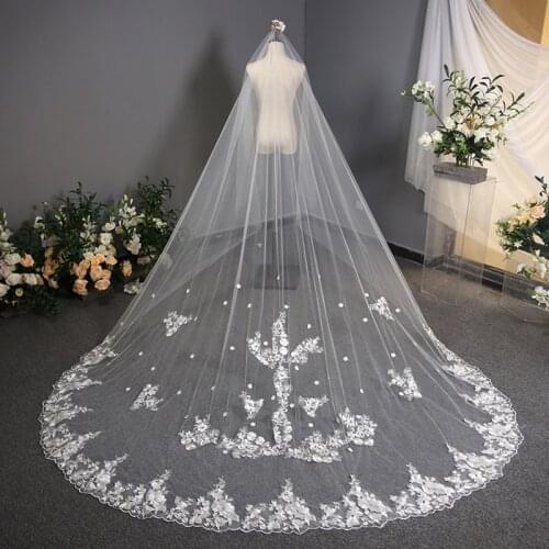 Real Photos Long Lace Wedding Veil 3.8 Meters White Ivory Bridal Veil Blusher Applique Bride Headpiece Wedding Accessories
