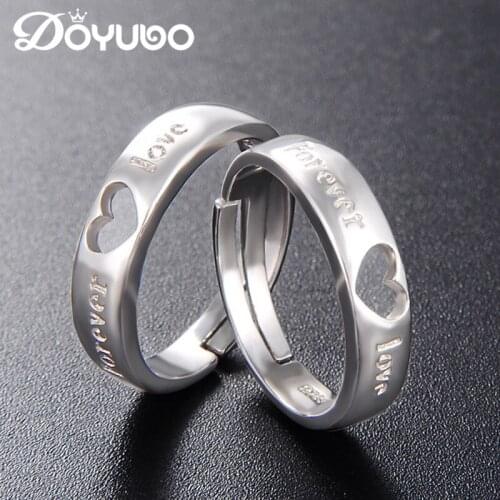 DOYUBO Simple Style 925 Sterling Silver Couples Rings Love You Forever Engagement Rings Adjustable Hollowed Heart Rings VB266