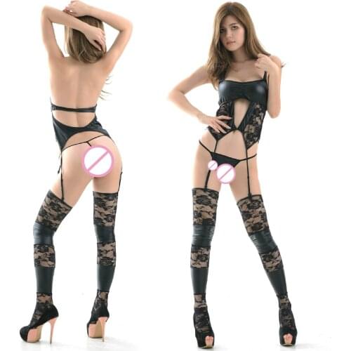 Exotic Leather Women Sexy Mesh Lingerie Set Transparent Lace Bustier Corset Hot Erotic Thong Latex See Through Garter Stockings