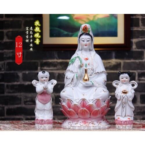 HOT SALE Buddha figure HOME SHOP Temple Propitious FENG SHUI Guanyin Bodhisattva Buddha + TONGZI maidens color Ceramic statue