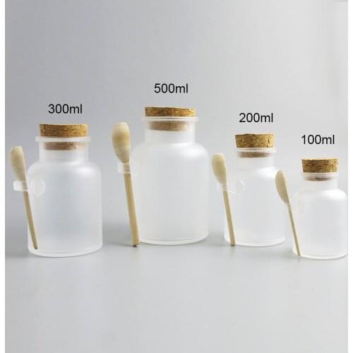 Round big clear ABS plastic cosmetic packaging powder bath salt cork bottle jar with wooden spoon 100ml 200ml 300ml 10pcs