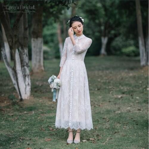 Lace Wedding Dresses Three Qualter Sleeve A Line Vintage Country Bridal Gowns Champgane Lining Fashion Vestido De Noivas DW072