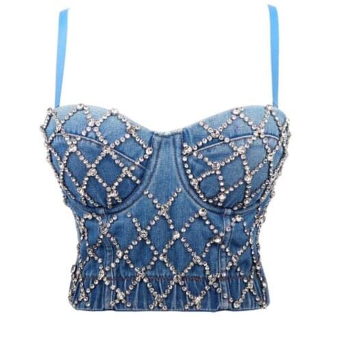Summer Women Sexy Denim Crop Tops 2020 New Diamond Crossing Sleeveless Strap Bra Vests Shiny Nightclub Wear Glittering Camis