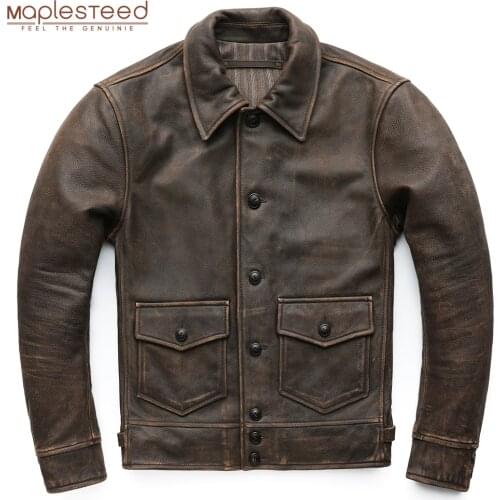Vintage Leather Jacket Men Soft Thick 100% Cowhide Skin Jacket Asian Size M-4XL Winter Coat Warm M433