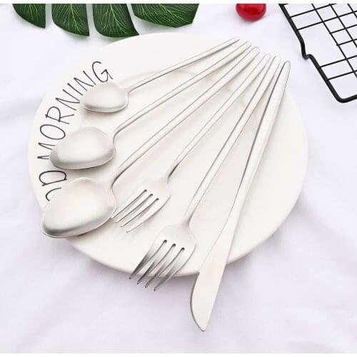 304 Stainless Steel Dinnerware Cutlery Set 6Pcs Matte Silverware Silver Kitchen Fork Knife Coffee Spoon Tableware Flatware Set