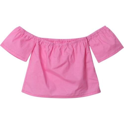 2017 New Fashion Toddler Kids T-shirt Tops Off shoulder Solid Pink Children Blusa T shirt Children Clothes 1-6Y