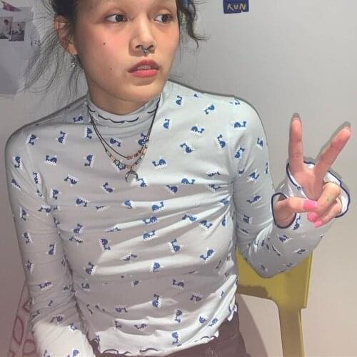 New Women T-Shirt Autumn Cartoon Dolphin Print High Collar Wavy Pullover Tops Casual Long-Sleeved Blue Comfort