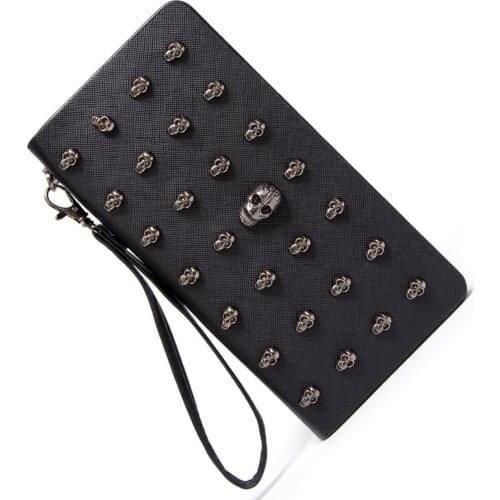 New Design 2020 Punk Wallet PU Leather 8 Slots Skull Rock Style Rivet Purse Long Style ID Card Holder Phone Clutch Money Bag