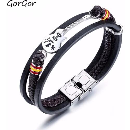 GorGor New Punk Rock Fashion Creative Style Guitar Stainless Steel Multi-layer Woven Durable Leather Rope Men Bracelet 1322