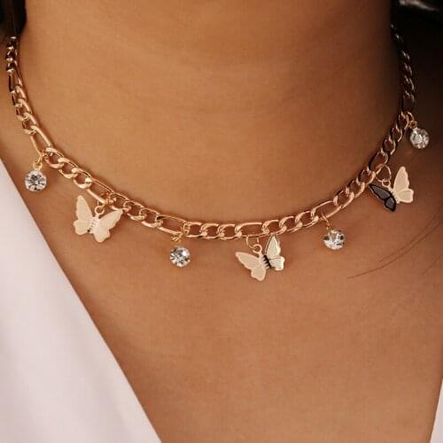 Punk Butterfly Choker Necklace For Women Gold Thick Chain alloy Diamond Pendant Necklace Jewelry 2021 fashion