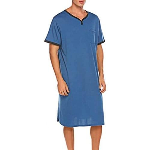 2021 Summer Fashion Mens Pajamas Sets Underwear Men Short Sleeve O Neck Pocket Nightdress Loose Knee-length Nightgown Homewear